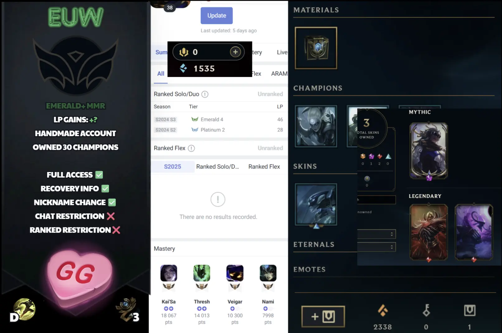 🌍 EUW 🔥 Unranked 📌 ADC/Support Main 💎 Emerald+ MMR ✨ Perfect Smurf 🔐 Lifetime Ownership 🏷️